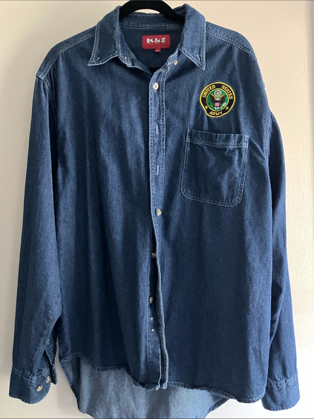 K&S Dark Denim Button-Up Shirt with United States Army Patch Mens XL